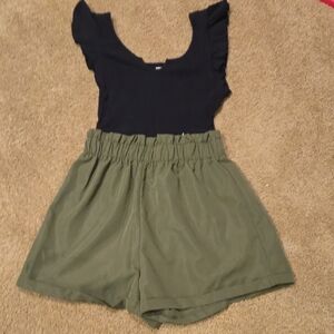SHEIN Black Top with Olive Green High Waist Shorts